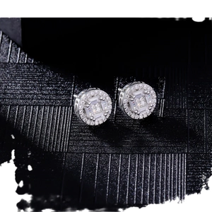 Silver round stud earrings for men with baguette cut center stones and micro-pave cubic zirconia
