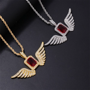 Hip Hop Men Wing Pendant Necklace Bold Rectangular Red Rhinestone Inlaid Alloy Rope Chain Bling Jewelry For Party Performance