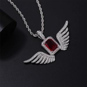 Hiphop silver winged pendant necklace with red rectangle stone and iced out diamonds