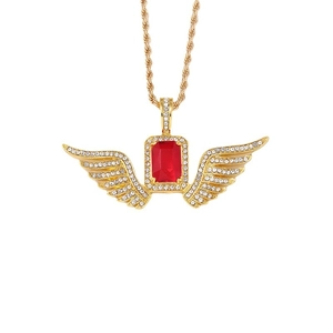 Gold iced-out wing pendant with red rectangular gem and sparkling rope chain