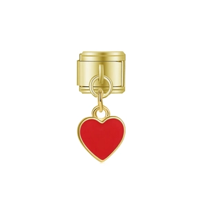 Bracelet modulaire style italien doré avec un pendentif en forme de cœur en émail rouge