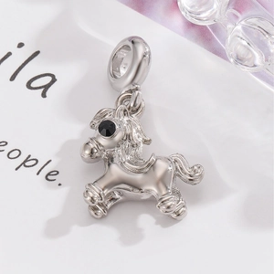 Silver horse charm with black gem eye and large loop for necklaces or bracelets