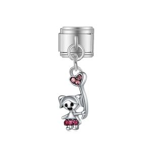 Charme modulaire en argent avec fille, ballon cœur et oxydes de zirconium roses