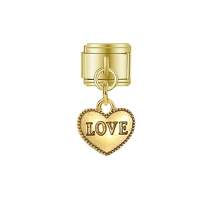 Maillon de bracelet italien doré avec pendentif en forme de cœur et gravure LOVE élégante