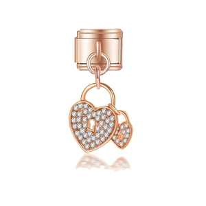 Charm de bracelet italien avec serrures en cœur or rose et pavé de zircons blancs