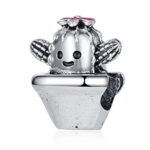 Charm cactus in argento con fiore in smalto rosa e sorriso per bracciali fai-da-te