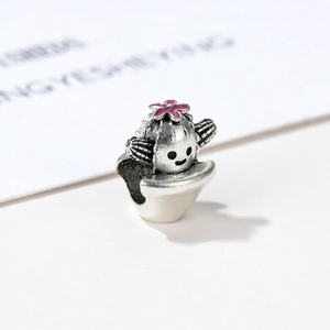 Charm cactus pastorale in argento vintage con fiore in smalto rosa per bracciali DIY
