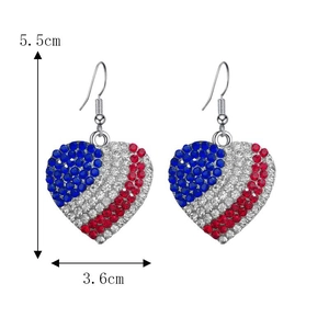 Detail showing dimensions of heart earrings with American flag pattern rhinestones