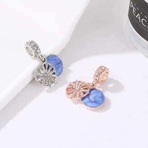Blue enamel sunburst pendant charm with micro-inlaid stones for DIY bracelets