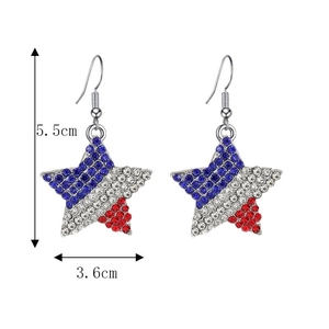 Detail view of 5.5cm star earrings with red white and blue patriotic rhinestones