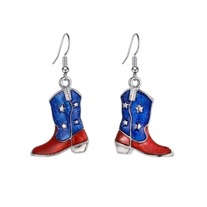 Close-up of USA flag cowboy boot earrings with blue stars and red stripes design