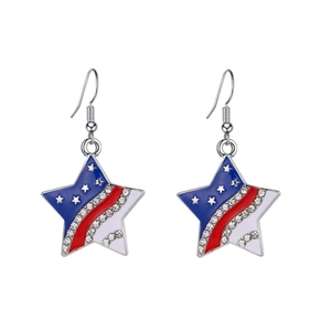 Detailed close-up of American flag star earrings with sparkling rhinestones and red white blue enamel