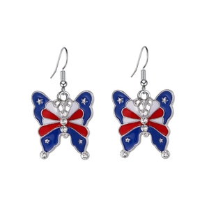Close-up of butterfly earrings with US flag enamel colors and sparkling rhinestones