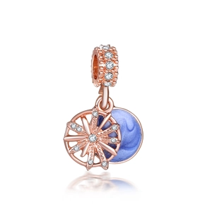 Elegant rose gold snowflake pendant with blue enamel and sparkling zircon stones