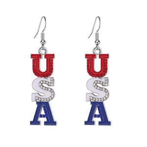 USA flag earrings with red white blue rhinestones for Independence Day celebration party