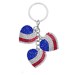 Patriotic heart keychain with red, white, and blue rhinestones on a silver metal ring