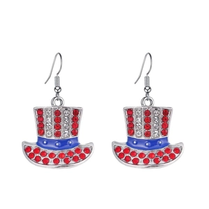 Detail of Uncle Sam hat earrings with red and white rhinestones and blue enamel
