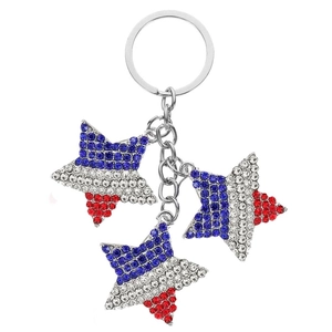 Detail view of American flag stars keychain with blue white red rhinestones