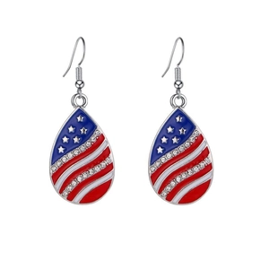 Detail of teardrop American flag earrings with red stripes and star patterns
