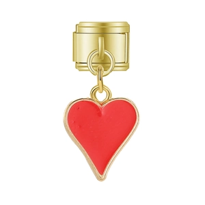 Charm modulare in stile italiano in acciaio inossidabile dorato con ciondolo a cuore rosso