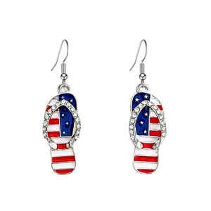 Detailed view of flip-flop earrings with USA flag pattern and sparkling rhinestones