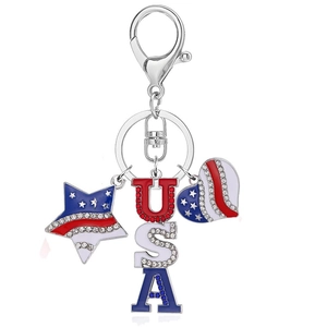 Detail of USA letters and star charms with patriotic rhinestones on key ring