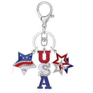Patriotic USA letter keychain with American flag star charms and red white blue rhinestones