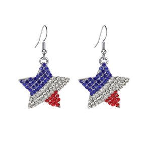 Star-shaped hook earrings with red white and blue rhinestones inspired by the US flag