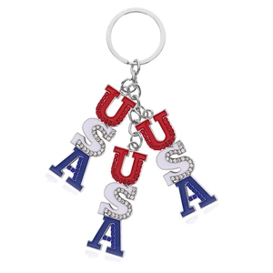 Detail of USA letter keychains with red white and blue crystals on a silver ring