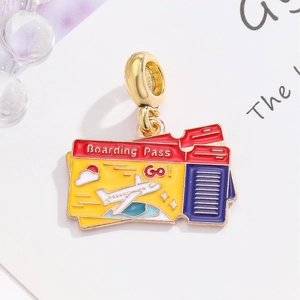 Boarding pass pendant for DIY jewelry, featuring a colorful enamel airplane and cloud design