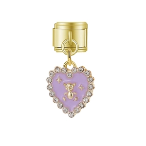 Détail du pendentif italien avec cœur en émail violet et petit ours doré orné de strass