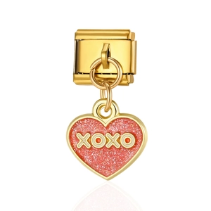 Colgante corazón para pulsera italiana con purpurina rosa y XOXO en acero dorado