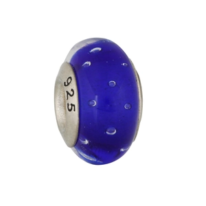 Detailed view of dark blue glass bead with bubble texture and 925 silver core for bracelets