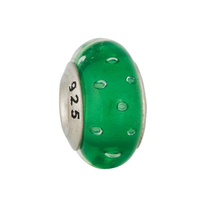 Macro shot of 925 silver core and green translucent glass charm with bubble effects