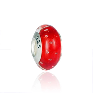 Vibrant red glass charm bead with 925 silver core and inner bubble design for jewelry