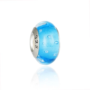 Blue Murano glass charm bead with bubbles and 925 silver core for DIY jewelry