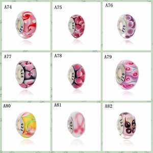 Detailed grid of colorful 925 silver glass charms with spiral and floral patterns