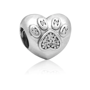 Silver heart-shaped pet paw charm with clear cubic zirconia for DIY bracelets