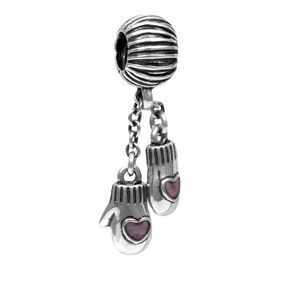 Weihnachts-Handschuhe Charm in Vintage-Silber mit lila Herz für DIY-Armbänder