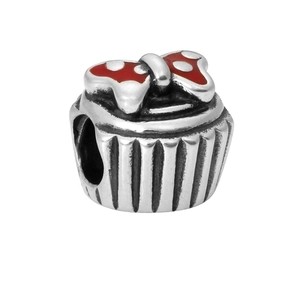 Polierter Silber Cupcake Anhänger mit rot gepunkteter Schleife für DIY Schmuckarmband