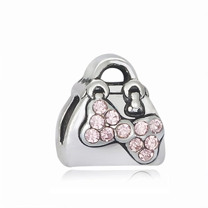 Exquisite handbag charm bead with pink zircon bow detail in polished silver finish