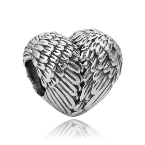 Vintage silver heart-shaped bead charm with intricate wing feather texture for DIY jewelry