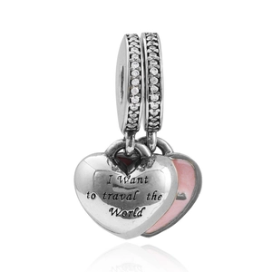 Herzanhänger aus 925 Silber mit rosa Emaille und I Want to Travel the World Gravur