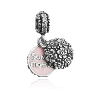 Ciondolo floreale in smalto rosa in argento con incisione Sweet Mother per bracciali