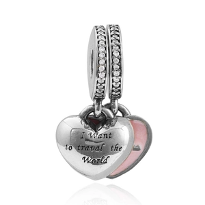 Ciondolo a cuore in lega con incisione I Want to travel the World e smalto rosa DIY
