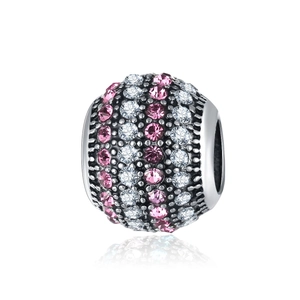 Silver bead charm with pink and white rhinestones for DIY bracelet making in boho style