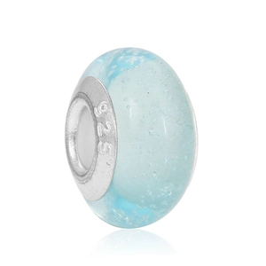 Translucent light blue glass charm bead with bubbles and S925 silver core for DIY bracelets