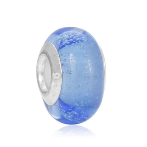 Blue glass charm bead with bubble pattern and 925 silver core for DIY jewelry making