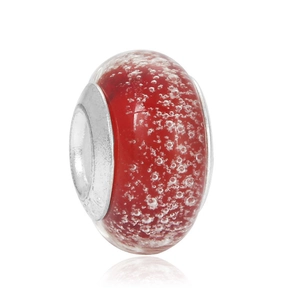 Translucent red glass charm bead with bubble texture and silver core for DIY bracelets