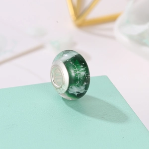 Winter Christmas green glass bead with white snowflake texture and silver core for bracelets